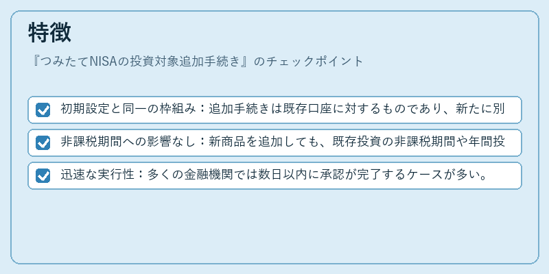 特徴（つみたてNISAの投資対象追加手続き）の図解