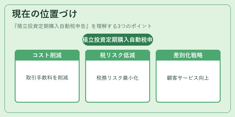 現在の位置づけ(積立投資定期購入自動税申告)の図解