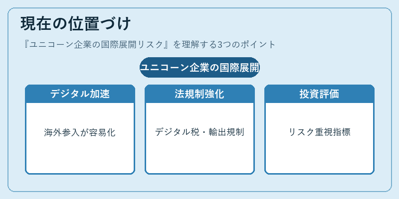 現在の位置づけ(ユニコーン企業の国際展開リスク)の図解