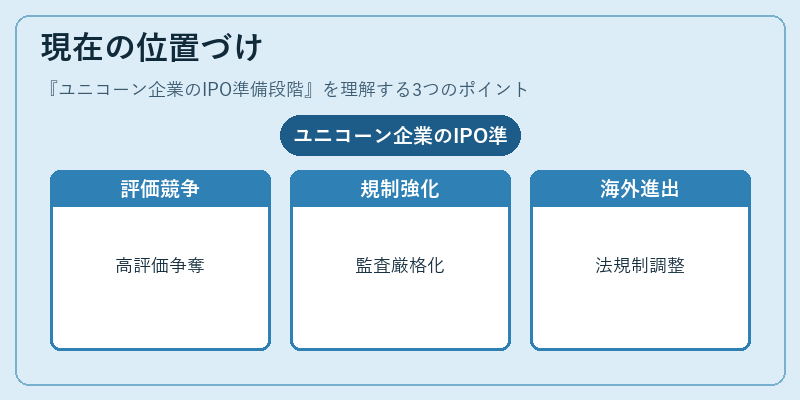 現在の位置づけ(ユニコーン企業のIPO準備段階)の図解