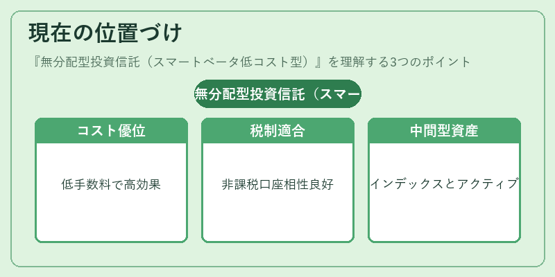 現在の位置づけ（無分配型投資信託（スマートベータ低コスト型））の図解