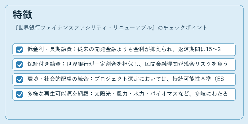 特徴(世界銀行ファイナンスファシリティ・リニューアブル)の図解
