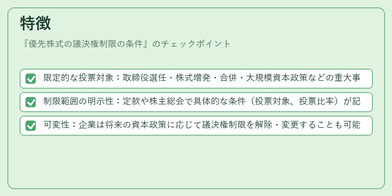 特徴（優先株式の議決権制限の条件）の図解