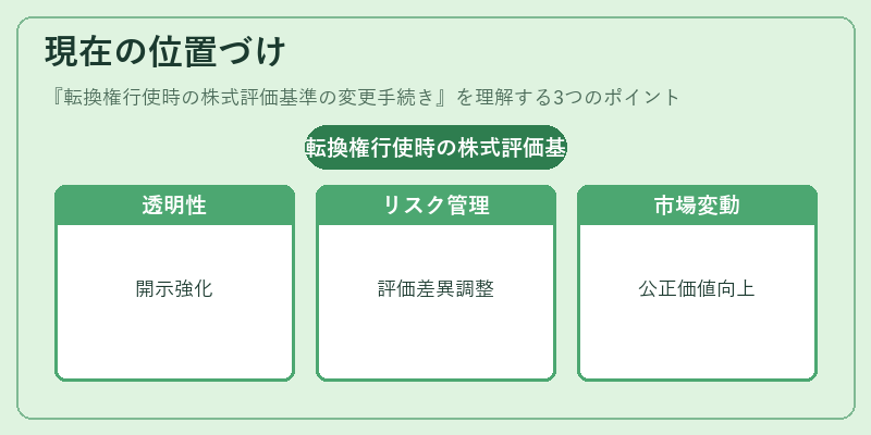 現在の位置づけ(転換権行使時の株式評価基準の変更手続き)の図解